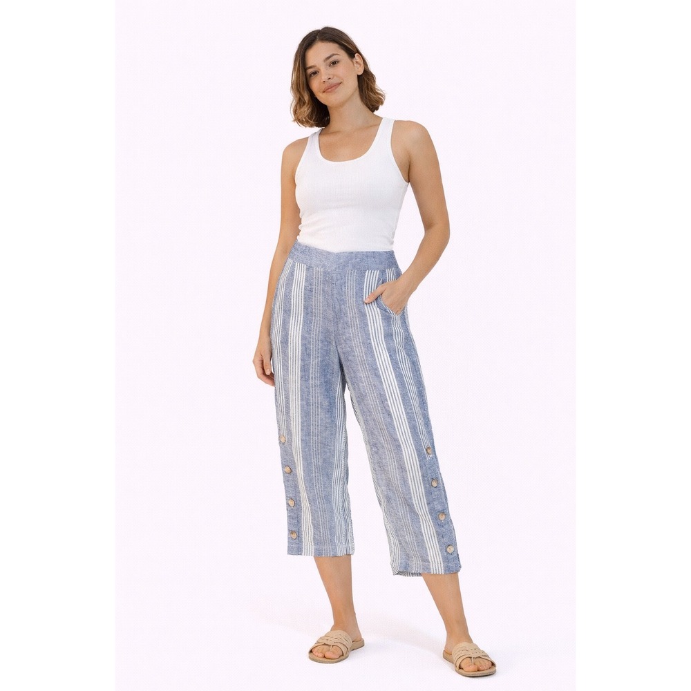 J. Jill Wide Leg Pants Womens Medium Blue Striped Linen Blend Button Coastal